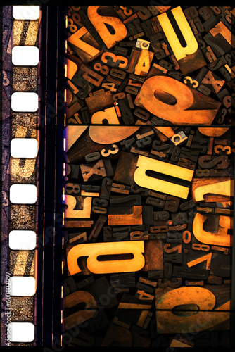 Collage of old letterpress letters and numbers and piece of 35 mm film.