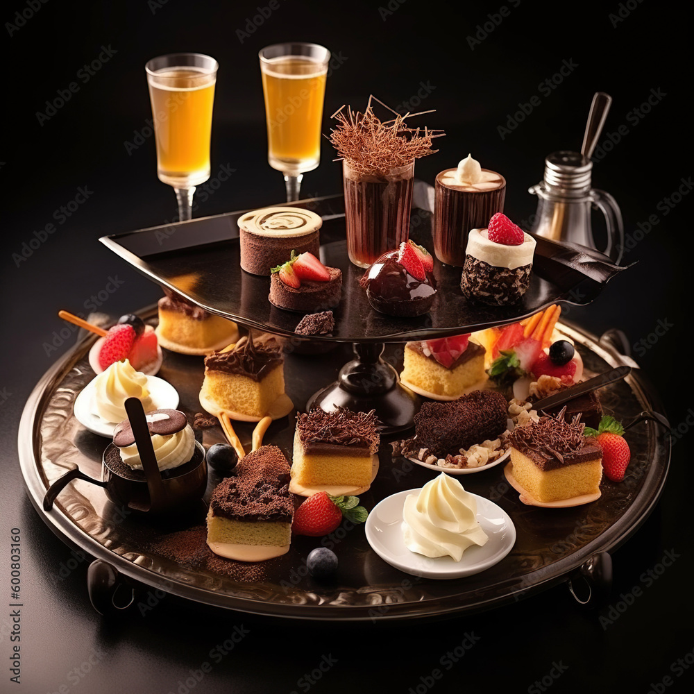 Assortment of chocolate confectionery on cake stand. Generative AI
