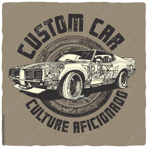 A design for a t-shirt or poster featuring an illustration of american muscle car