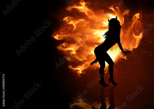 A female with horns against a burning background.