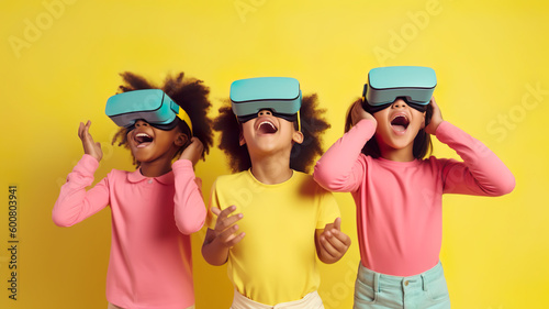 Child kid wearing virtual reality VR headset with excited enjoying mood.innovation device for learning or imagination.generative ai technology