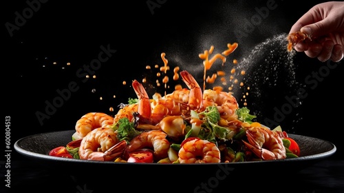 Seafood, Professional cook prepares shrimps with sprigg beans. Cooking seafood, healthy vegetarian food and food on a dark background. Horizontal view. Eastern kitchen