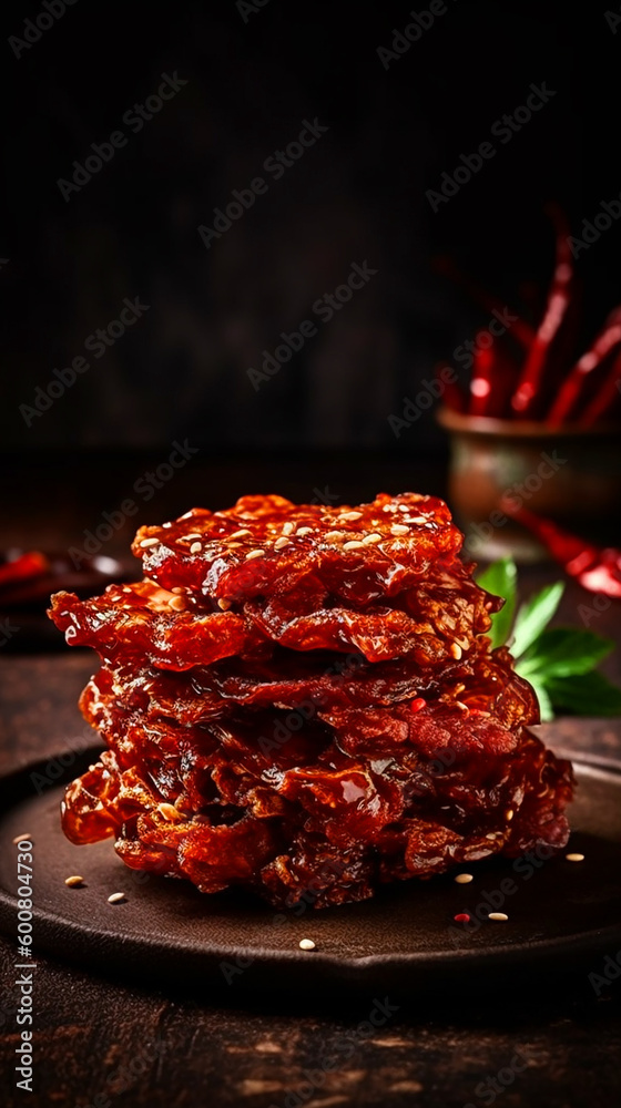deep fried pork slices with chilli and red pepper. Generative AI deep fried pork slices with chilli and red pepper. Generative AI