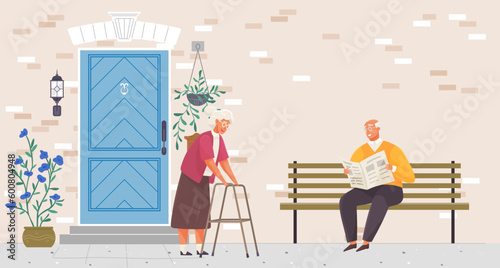 Senior lady and gentleman with silver hair walking together around house. Old age couple, pensioner sitting on bench outdoors. Grandparents with cane and walker. Retirement, relationship concept