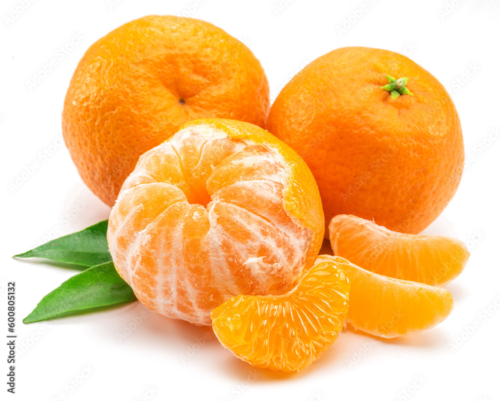 Ripe mandarin fruits with leaf and mandarin slices on white background. Ripe mandarin fruits with leaf and mandarin slices on white background.