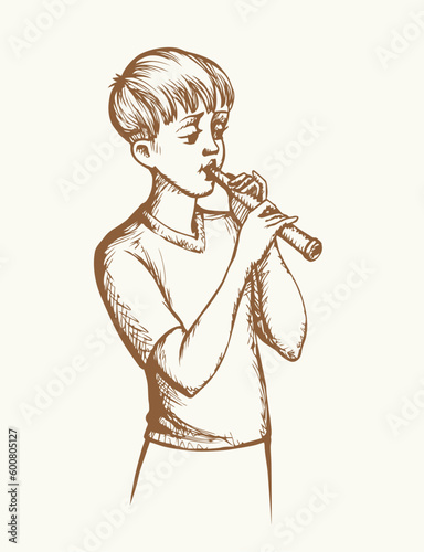 Vector drawing. Boy playing flute