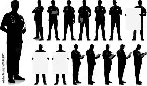 Silhouette of healthcare worker. Happy smiling doctor with a stethoscope. Male nurse in uniform poses. Vector flat style illustration set isolated on white