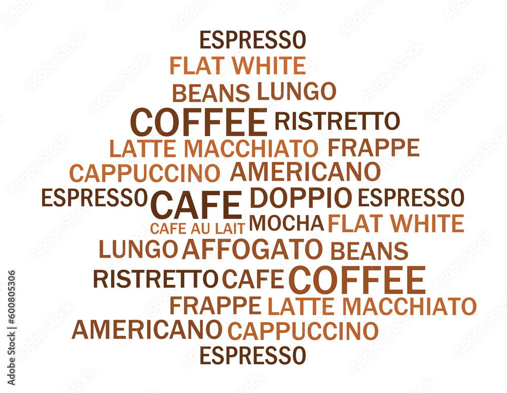 The list of coffee types. Coffee png illustration.