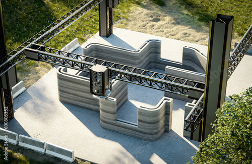 Fototapeta Naklejka Na Ścianę i Meble -  3d printing single-family house with concrete. New technology house building using a modern CNC machine. 3d render