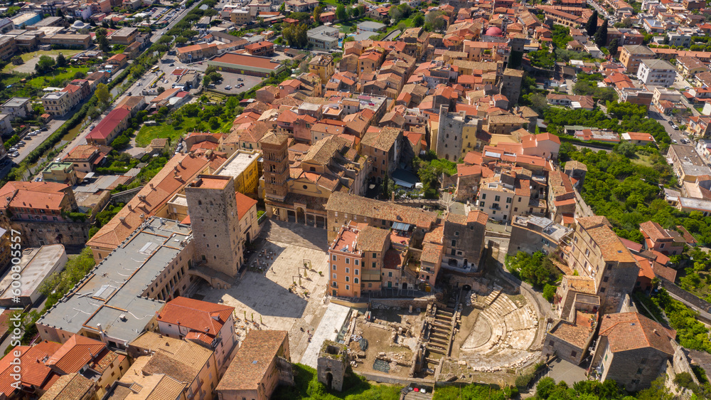 Aerial view of the Roman theater and the Co-Cathedral of San Cesareo and Duomo of Terracina, in the province of Latina, Italy. These monuments are located in the historic center of the town.