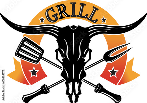 vector illustration of Cow skull with crossed fork and spatula