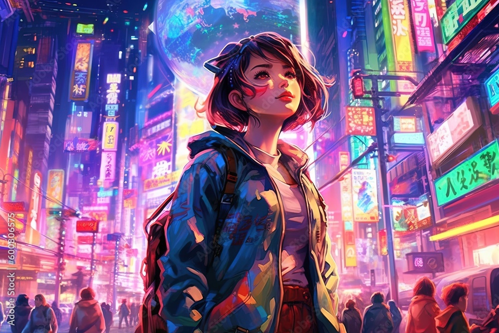 Anime girl globetrotter, standing in the middle of a bustling city ...