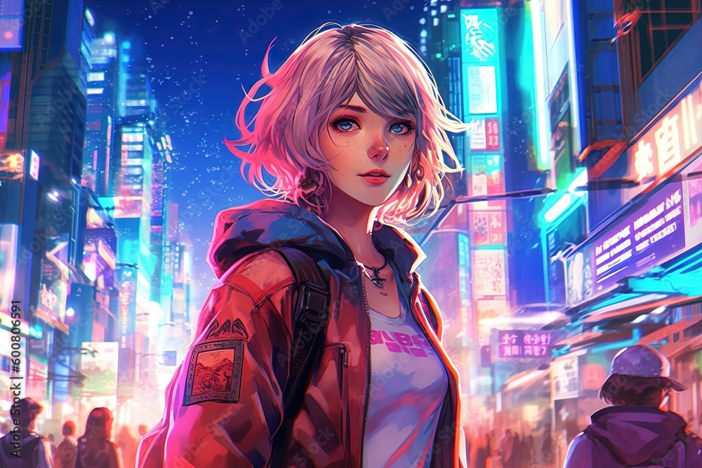 Anime girl globetrotter, standing in the middle of a bustling city ...