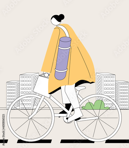 Vector illustration of a girl with yoga mat riding a bicycle in the city.A girl in a puffy jacket with a purple yoga mat is riding a bicycle.
