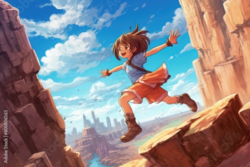 Adventurous anime girl leaping across a rocky canyon, with the iconic rock formations rising in the background, manga style illustration generative ai