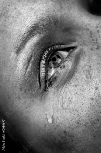 crying woman's eye, black and white image, low key, selective focus