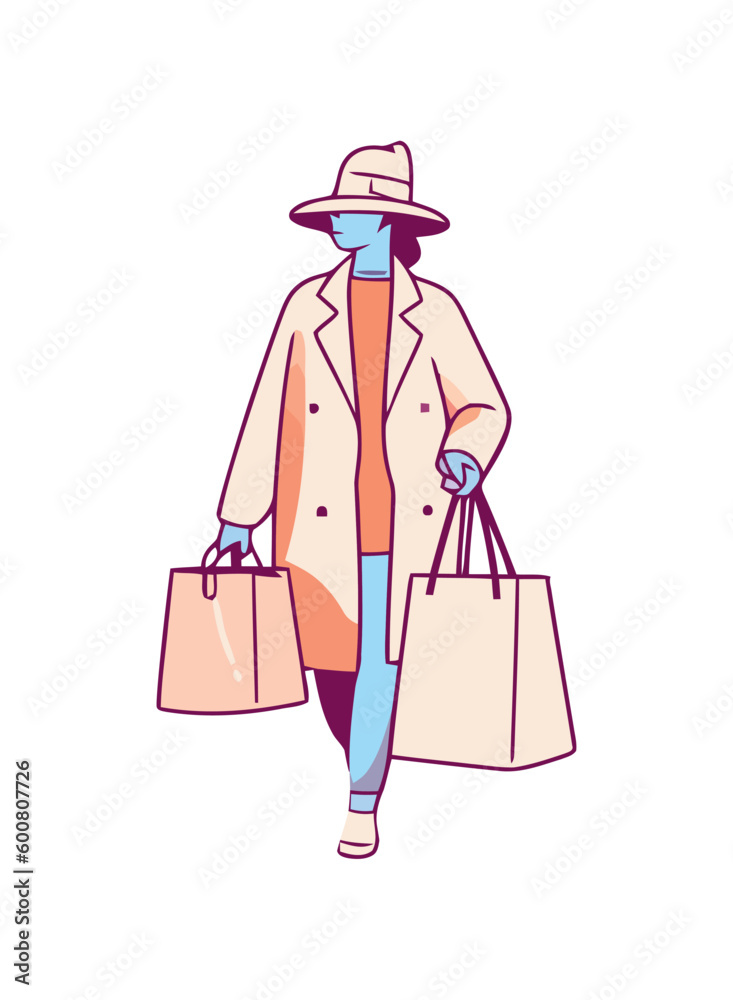 Walking woman holding shopping bag, fashionable Walking woman holding shopping bag, fashionable