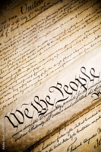 we the people - United States Constitution. Closeup, high contrast with light added grain.