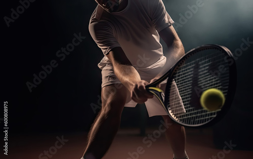 Tennis player is hitting the ball on sand tennis court, dramatic lighting, Generative AI