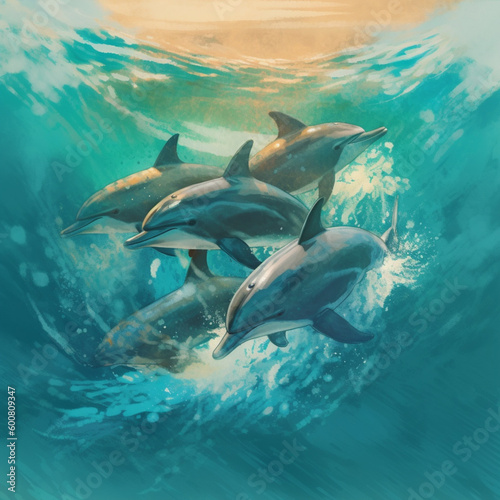 Danse aquatique : Dauphins jouant dans l'océan © Tho