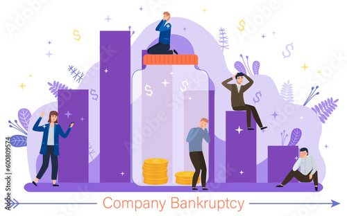 Company bankruptcy. Financial rescue, depressed businessmen. Economic financial crisis, sinking business, loan payback money problem, people and economy recession, risk, collapse, unsuccessful funding