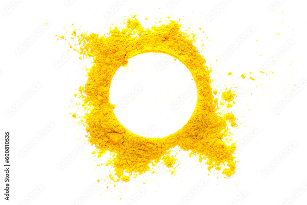 Turmeric Powder Splatter Pile of turmeric powder isolated on white background, top view. Yellow ...