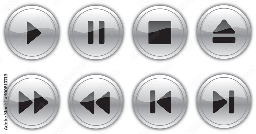 Grey glass vector control silver icon buttons Grey glass vector control silver icon buttons