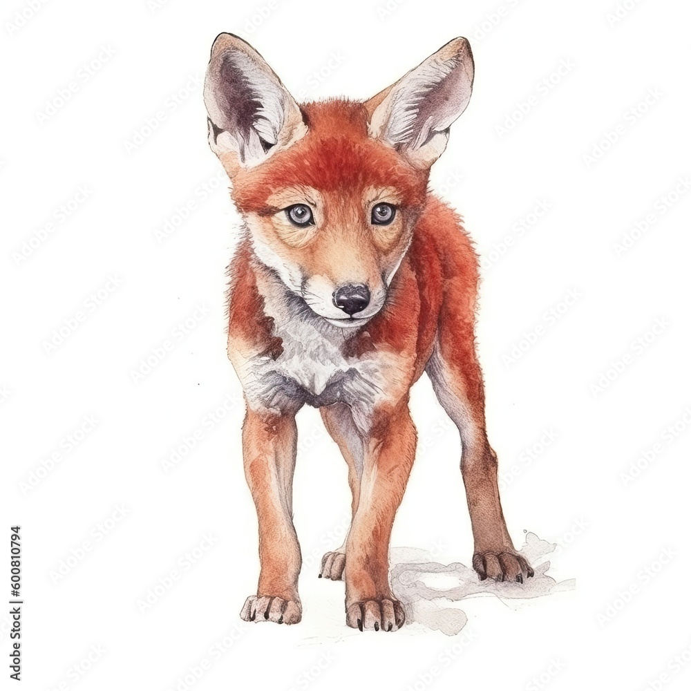 Fototapeta premium Baby Red Wolf watercolor with ink outline on white background, high detailed (generative AI)