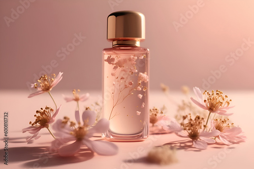 Empty perfume bottle mockup on pink background with flowers, Generative AI 2