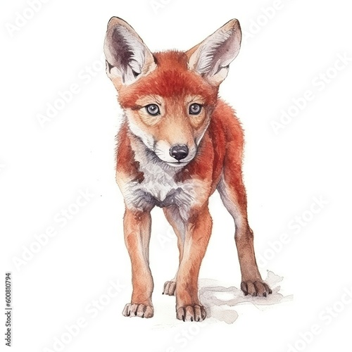 Baby Red Wolf watercolor with ink outline on white background, high detailed (generative AI)