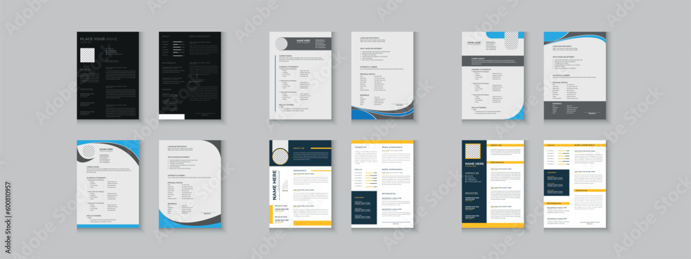 Resume bundle collections, unique vector mega cv set template, 2 pages cv layout or resume design with mockup - obrazy, fototapety, plakaty 
