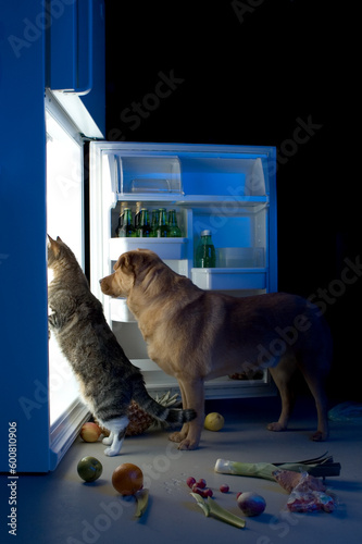 Canvastavla Cat and dog looking for meat in the refrigerator