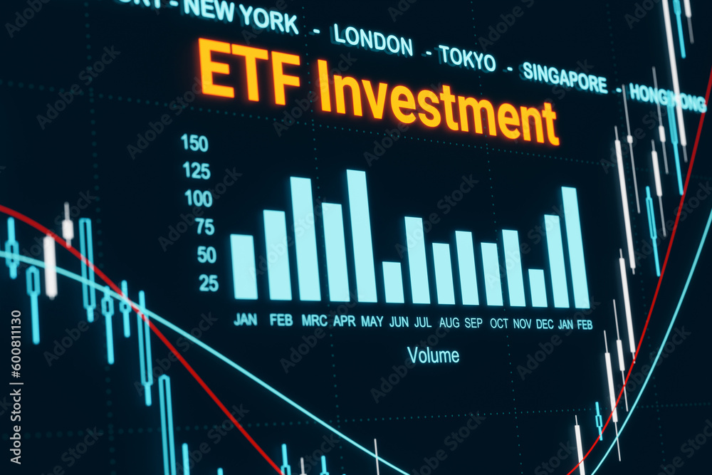 Obraz premium ETF Investment (Exchange Traded Funds). Screen with chart, lines and bar graph. Stock market, ETF investment, financial report, investment funds concept. 3D illustration