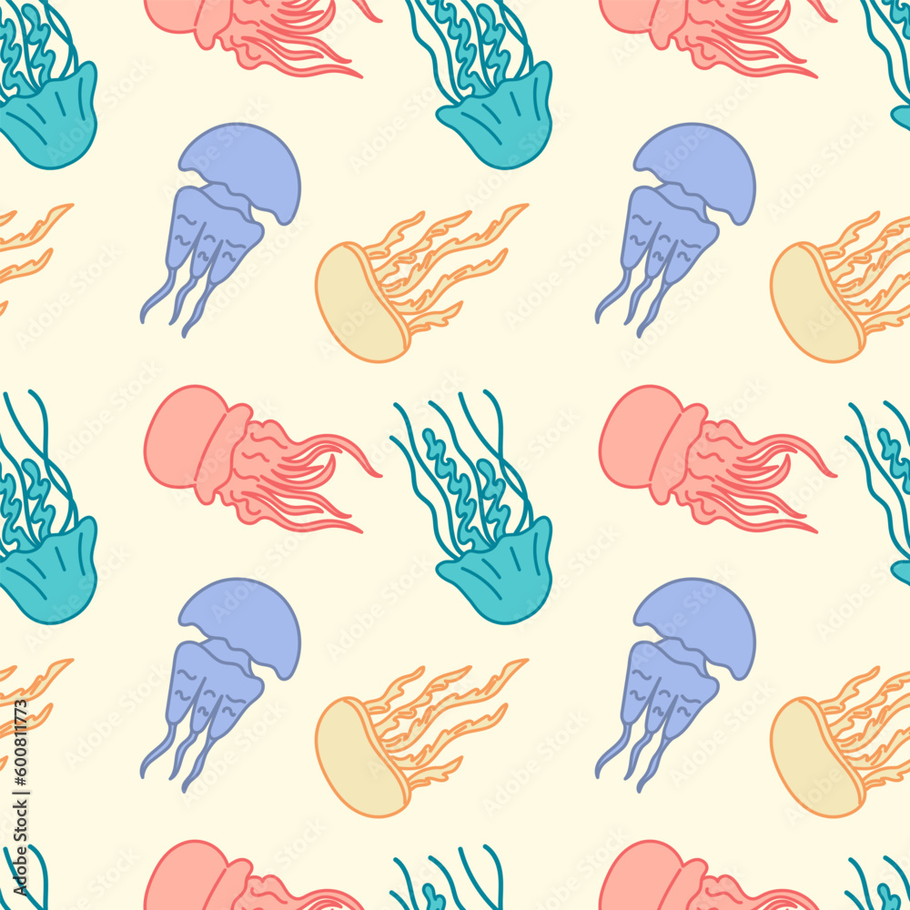 Seamless pattern of colorful hand drawn jellyfish. Background with swimming cartoon meduses. Summer pattern for fabric print, cover, wallpaper