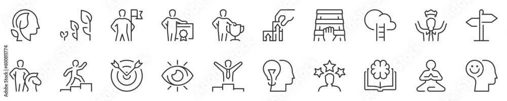Line icons about personal growth and accomplishment, thin line icon set ...