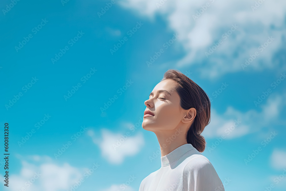 Woman very elegant looking the blue Sky with faith. Minimalism. Generative AI Woman very elegant looking the blue Sky with faith. Minimalism. Generative AI