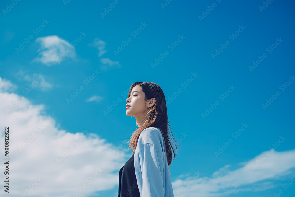 Woman very elegant looking the blue Sky with faith. Minimalism. Generative AI Woman very elegant looking the blue Sky with faith. Minimalism. Generative AI