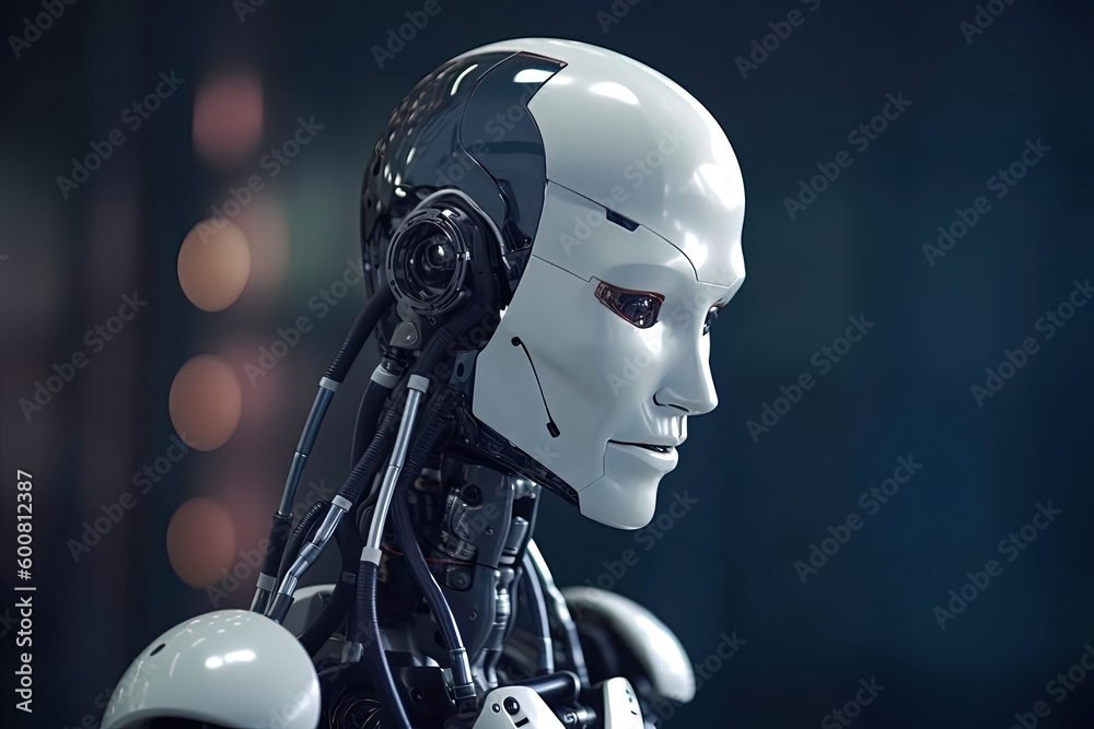 Artificial Intelligence robot. Stylish handsome cyborg head in profile / Futuristic man. Generative AI