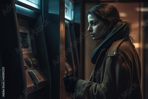 A terrified woman is talking on the phone, she is stopped in front of a bank ATM machine, and officers are urgently dispatched behind the woman. Generative AI