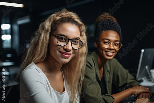 Portrait of two young women working on software development project together and smiling happily. Generative AI © Tamara