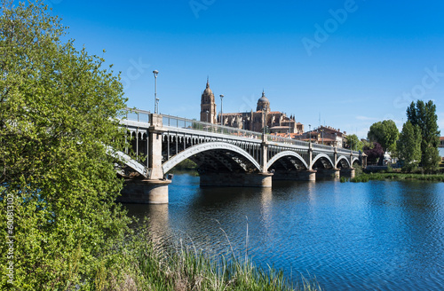 Perspective view of the bridge of Enrique Estevan over the Tormes river and the cathedral of Salamanca in the background with clear blue sky.