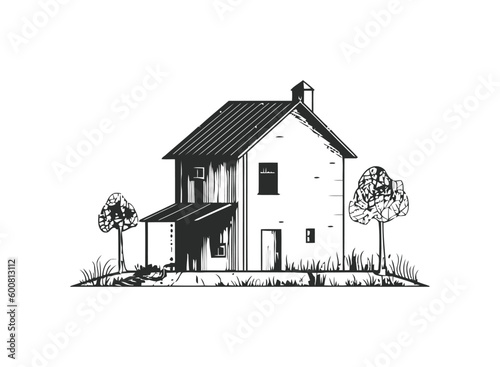 sketch of cottage on meadow with trees