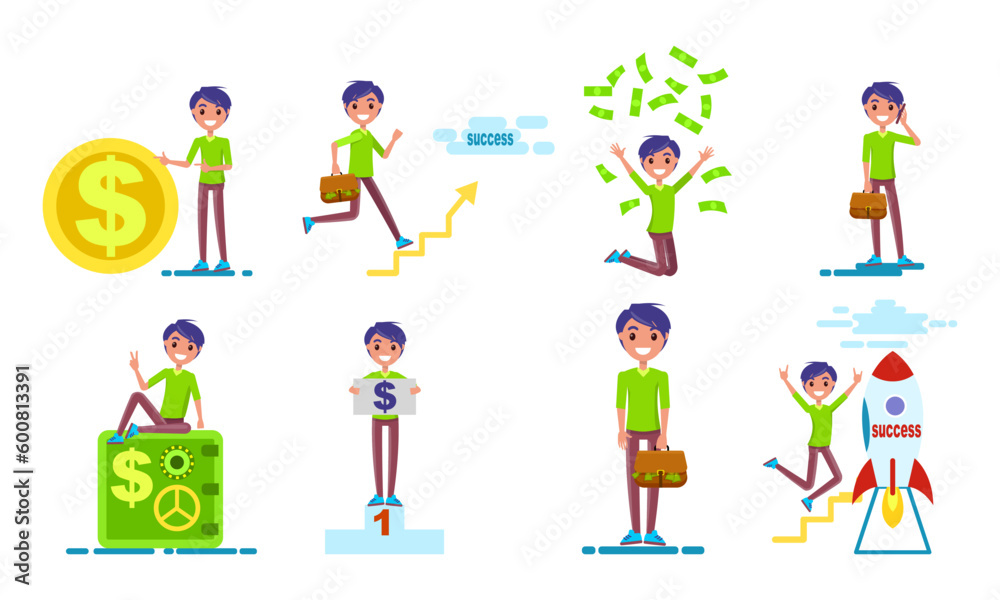 Successful businessman jumping for joy. Happy man with money, lucky person celebrating financial success. Concept of business achievement, positive feedback, male character winner, excited employee