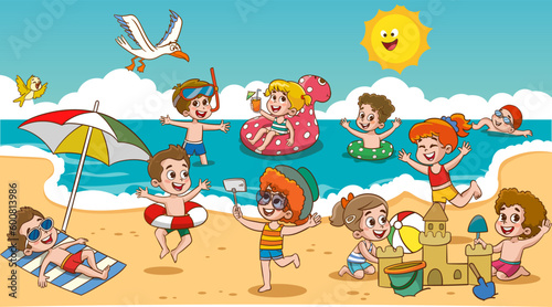 Children kids sunbathe swiming in the sea at summer children's camp on sea beach shore. Little boy are playing with ball. The children on the beach are building a sand castle.