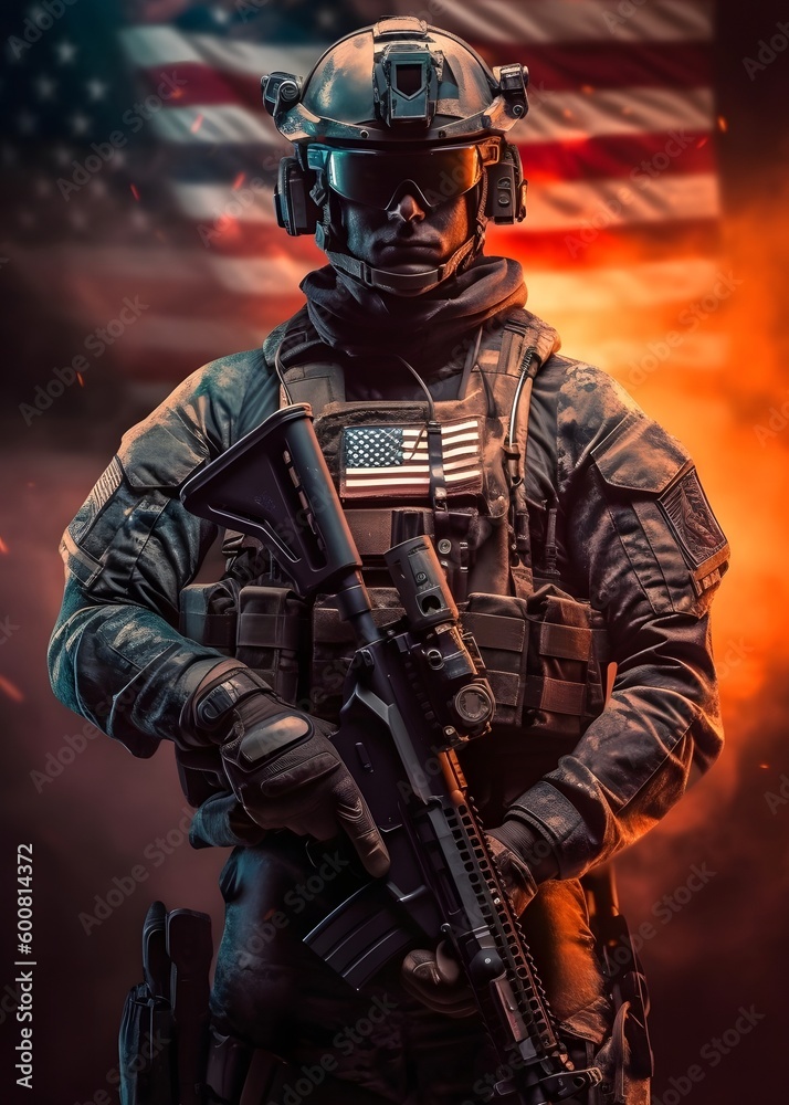 Future military USA Robotic Soldier army, Idenpendece day 4 july, american flag background, Generative AI