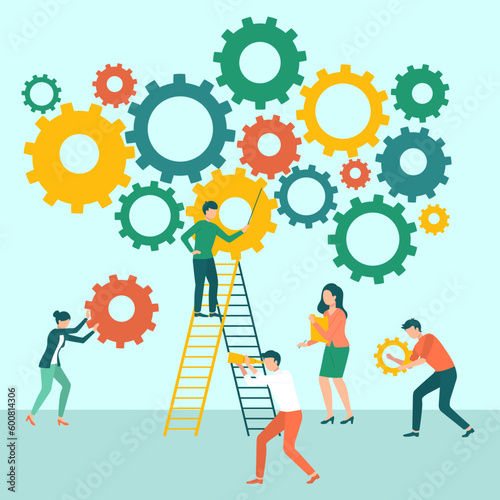 Solution solving problem, services to grow business or creativity idea and innovation help, business success, leadership, successful teamwork, businessman on ladder sets gear with great decision