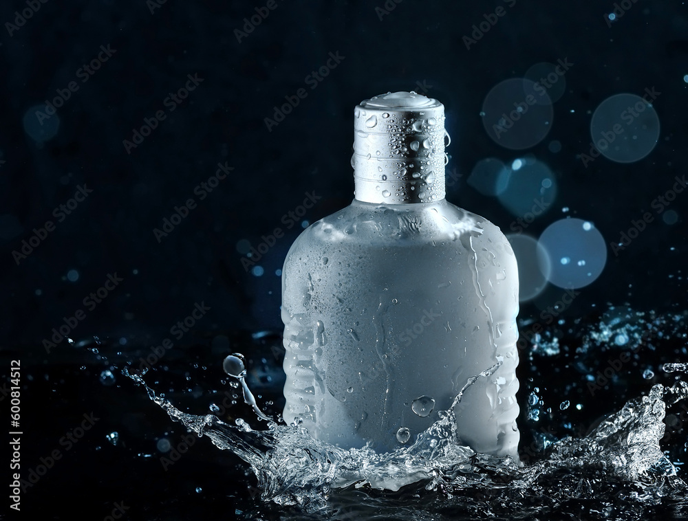Bottle of aftershave, lotion, perfume with water splashing around it on a black background Bottle of aftershave, lotion, perfume with water splashing around it on a black background