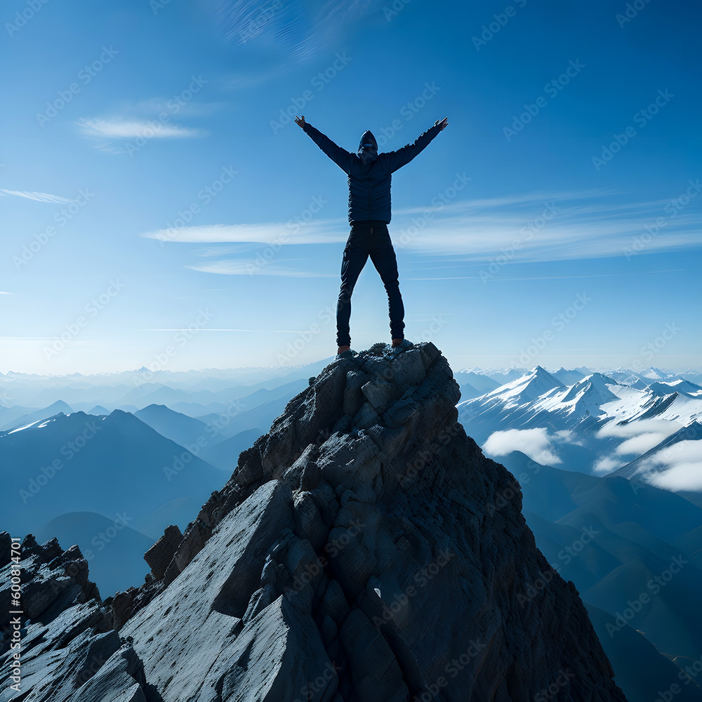 Man on the top of a mountain with his hands raised in the air