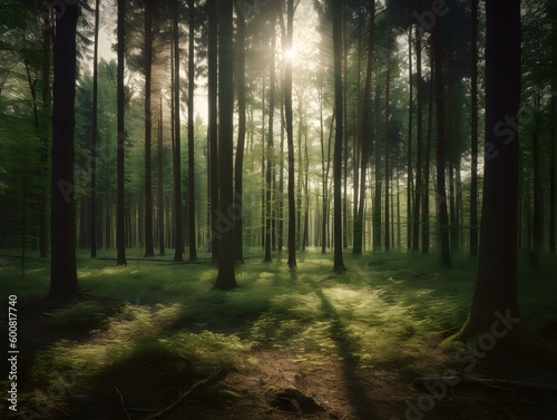 a forest filled with tall trees and sunlight, in the style of dark green and light brown