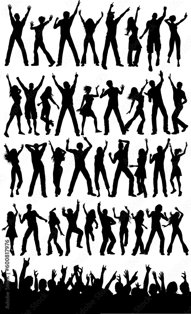 Silhouettes of people dancing and an excited crowd